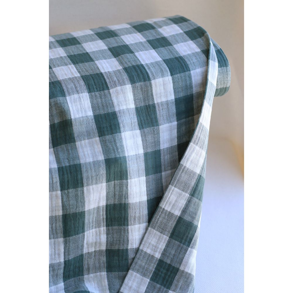 Double gaze de coton vichy réversible blanc / vert sapin