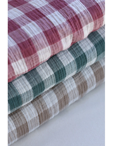 Double gaze de coton vichy réversible blanc / vert sapin