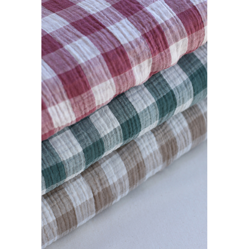 Double gaze de coton vichy réversible blanc / vert sapin