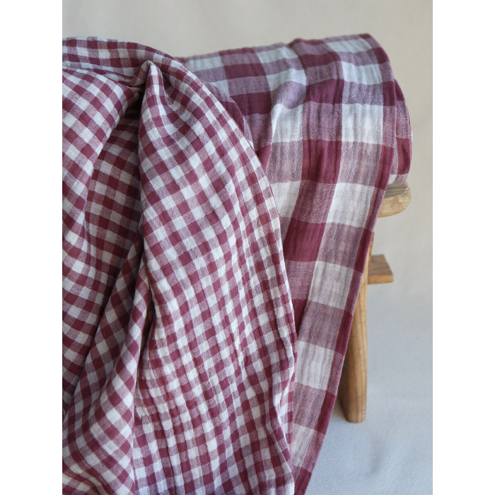 Double gaze de coton vichy réversible blanc / grège