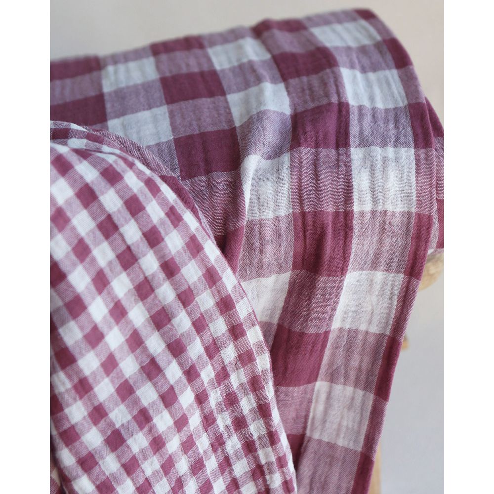 Double gaze de coton vichy réversible blanc / grège