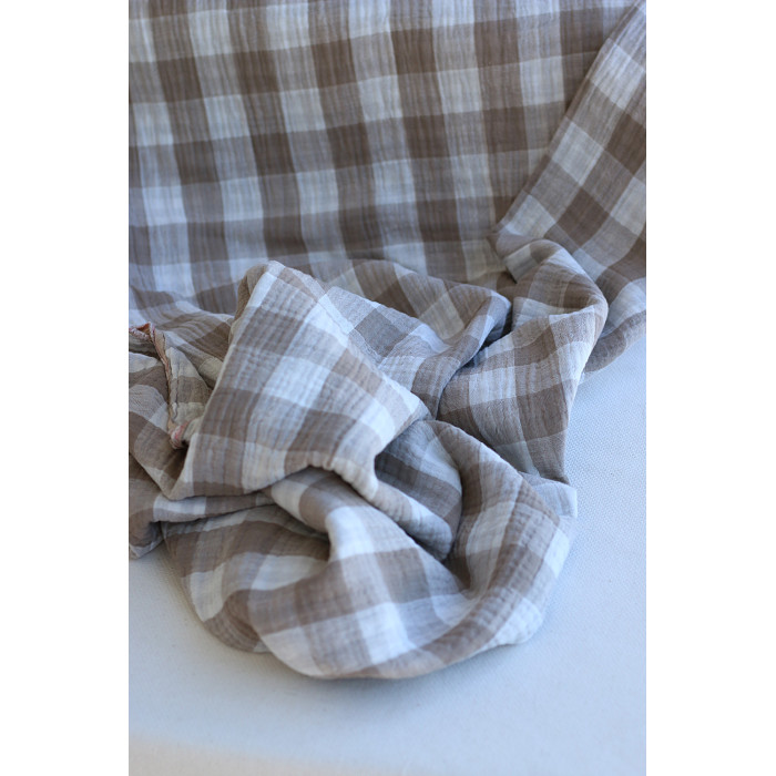 Double gaze de coton vichy réversible blanc / grège