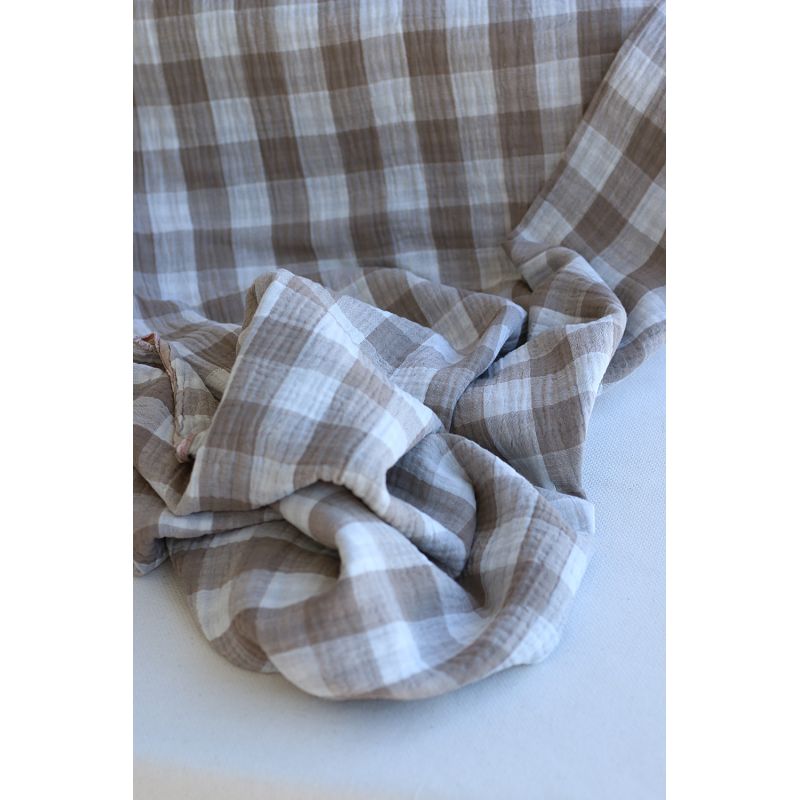 Double gaze de coton vichy réversible blanc / grège