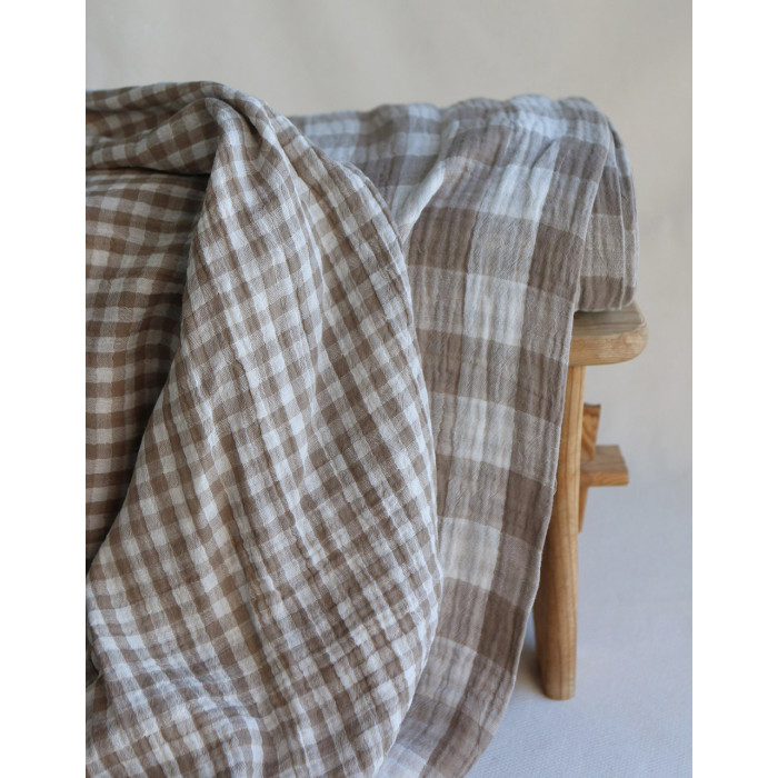 Double gaze de coton vichy réversible blanc / grège