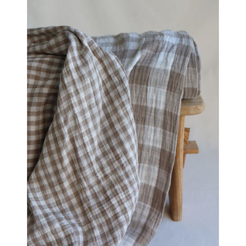 Double gaze de coton vichy réversible blanc / grège