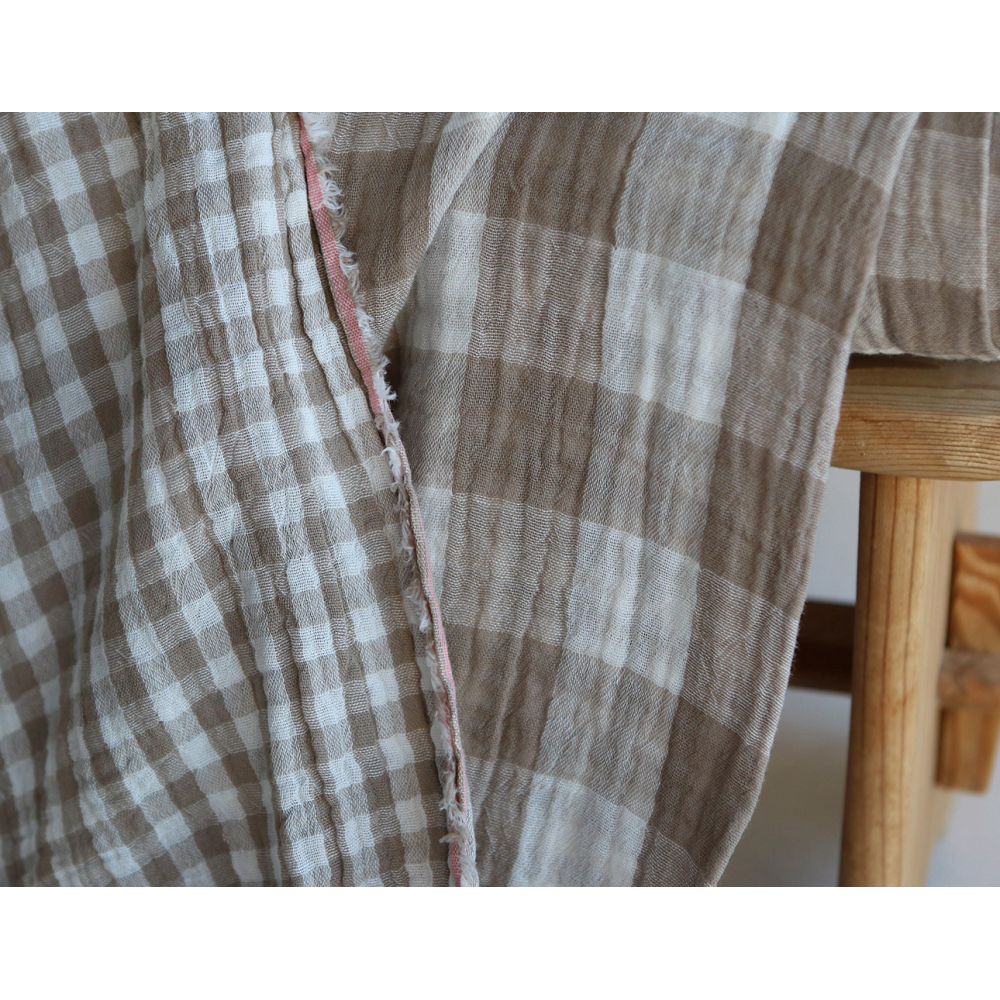 Double gaze de coton vichy réversible blanc / grège