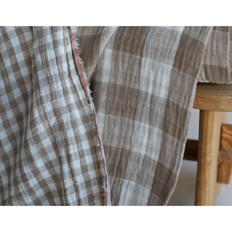 Double gaze de coton vichy réversible blanc / grège