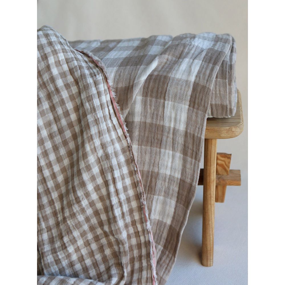 Double gaze de coton vichy réversible blanc / grège