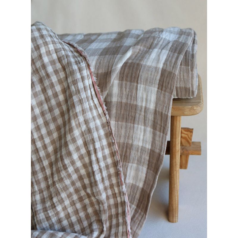 Double gaze de coton vichy réversible blanc / grège