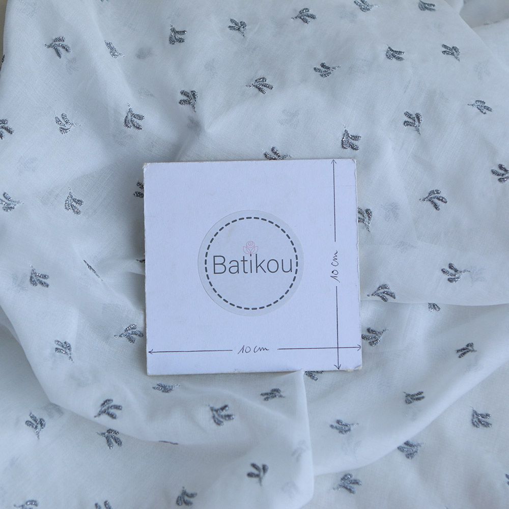 Claudia - Voile coton organique blanc brodé argenté