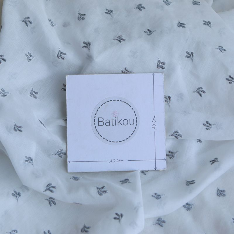 Claudia - Voile coton organique blanc brodé argenté