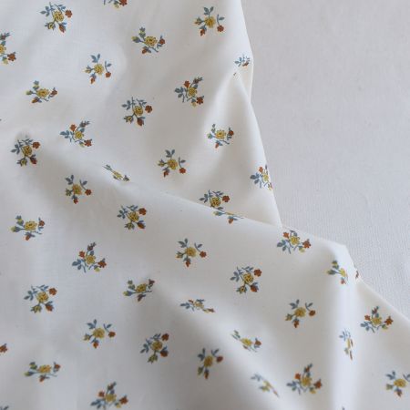 Celine - Popeline douce coton organique fond ivoire fleuri ocre / moutarde