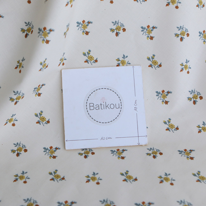 Celine - Popeline douce coton organique fond ivoire fleuri ocre / moutarde