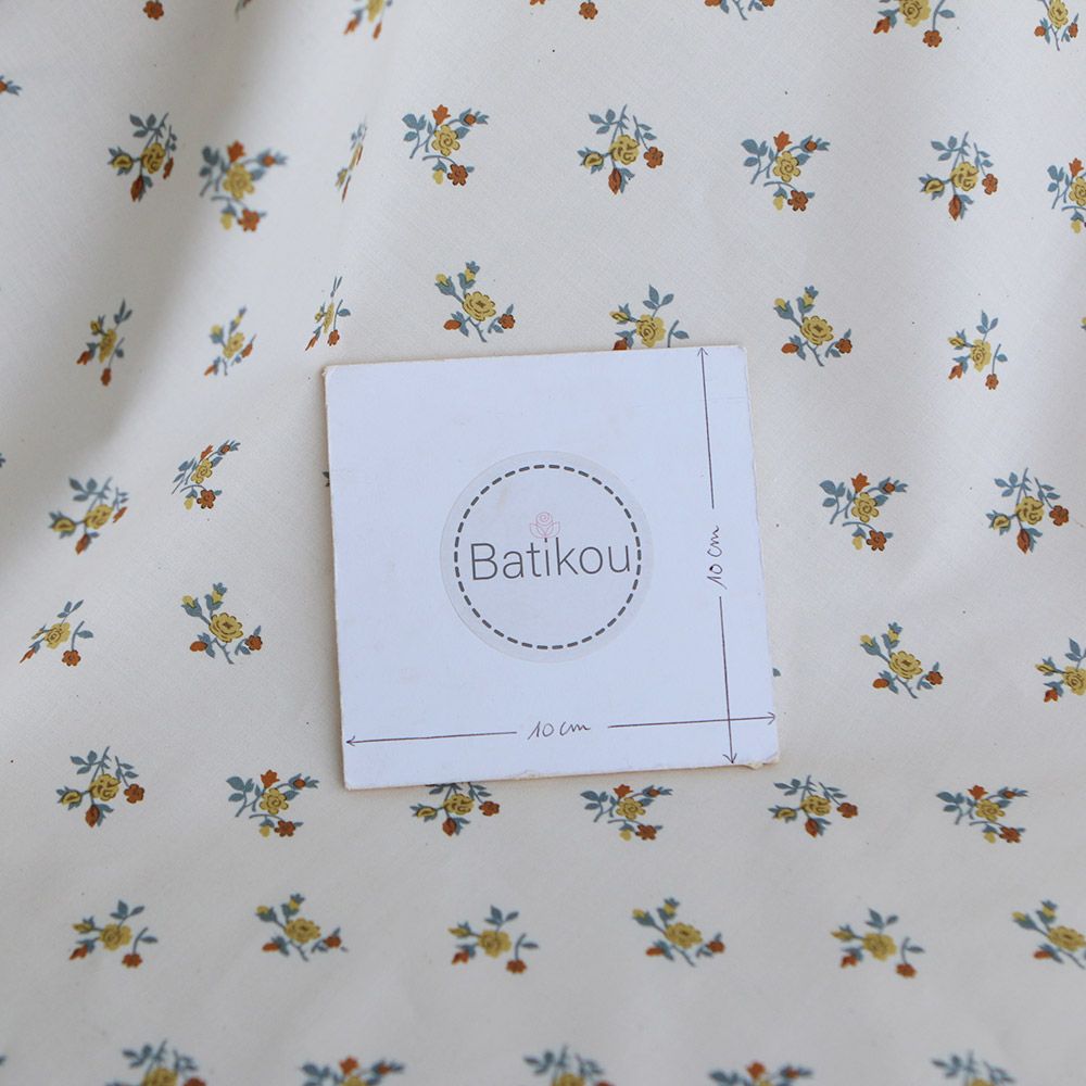 Celine - Popeline douce coton organique fond ivoire fleuri ocre / moutarde