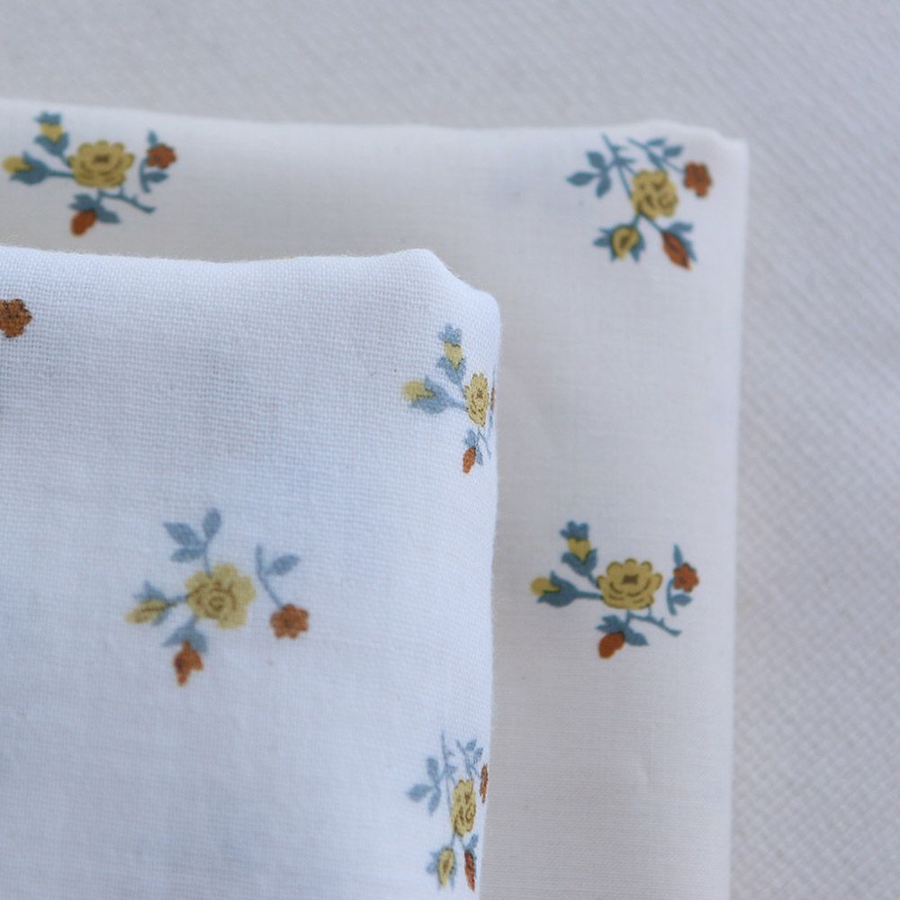 Celine - Popeline douce coton organique fond ivoire fleuri ocre / moutarde