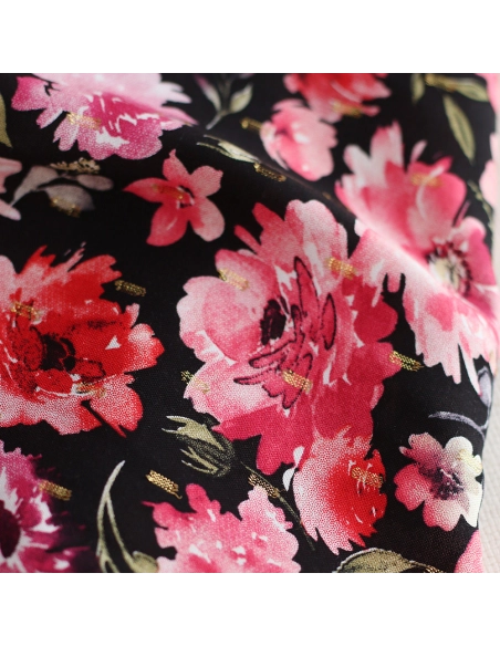 Malia - Viscose plumetis lurex fleuri noir et rose