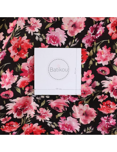 Malia - Viscose plumetis lurex fleuri noir et rose