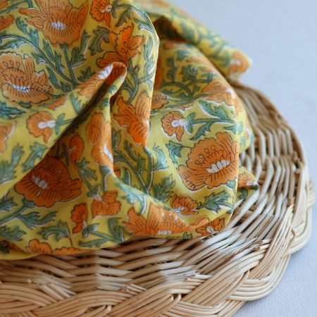 Chanda - Tissu indien coton hand block traditionnel jaune orange Chanda - Tissu indien coton hand block traditionnel jaune orange