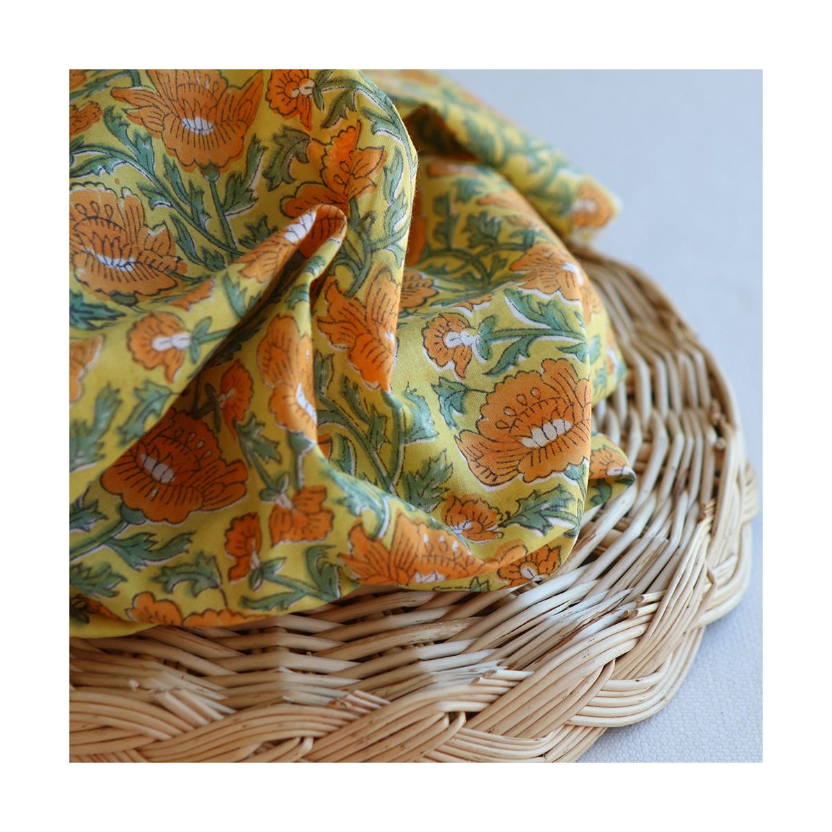Chanda - Tissu indien coton hand block traditionnel jaune orange Chanda - Tissu indien coton hand block traditionnel jaune orange