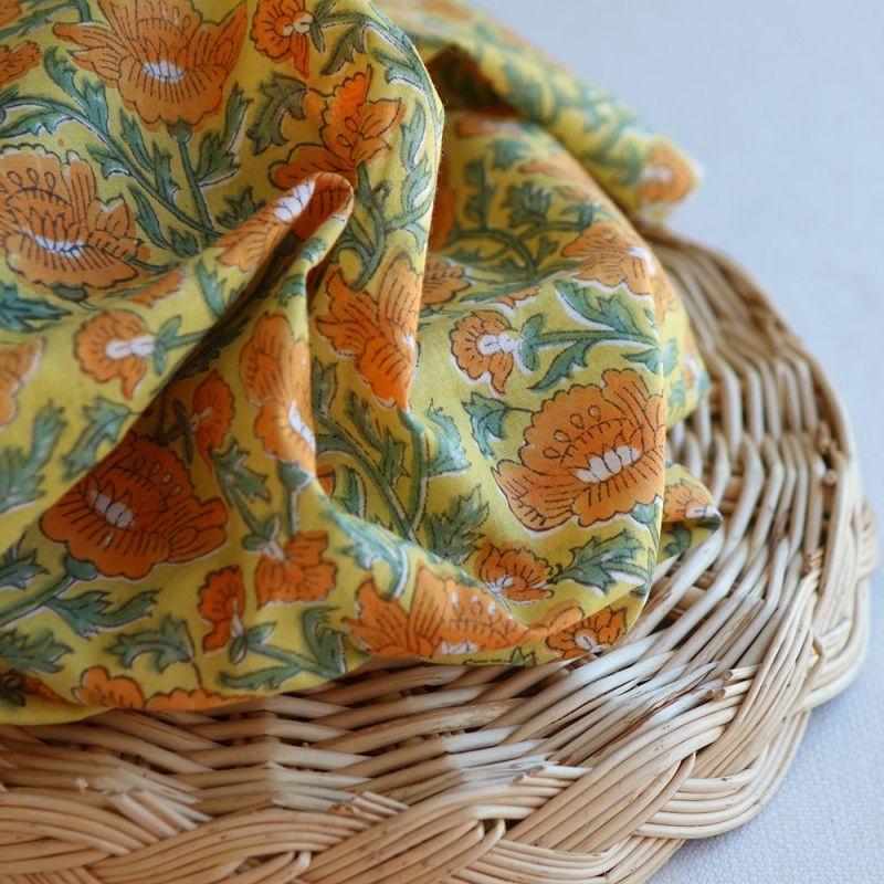 Chanda - Tissu indien coton hand block traditionnel jaune orange