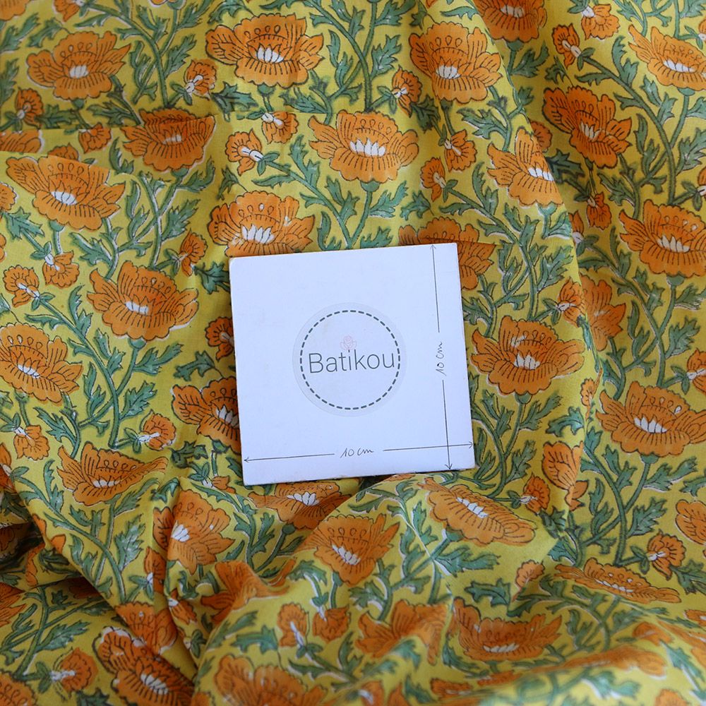 Chanda - Tissu indien coton hand block traditionnel jaune orange