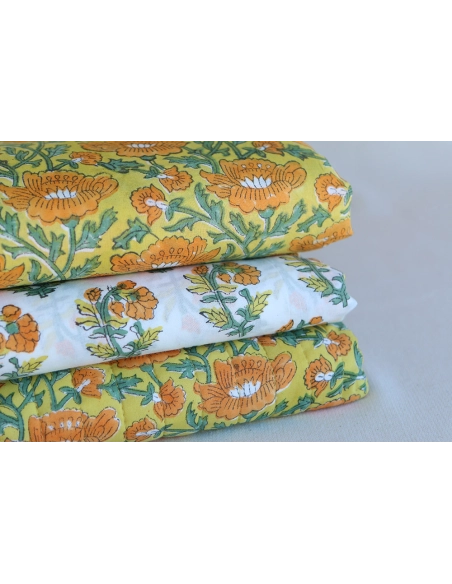 Chanda - Tissu indien coton hand block traditionnel jaune orange