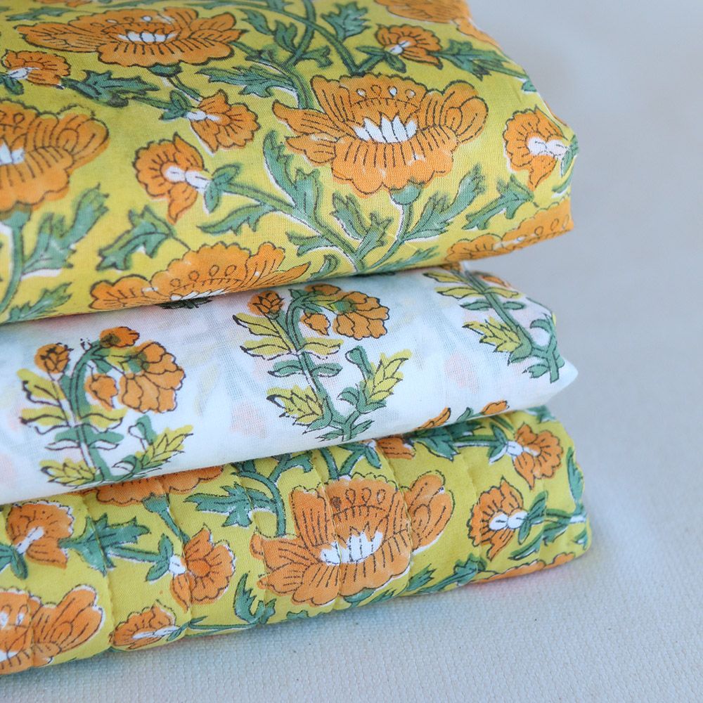 Chanda - Tissu indien coton hand block traditionnel jaune orange