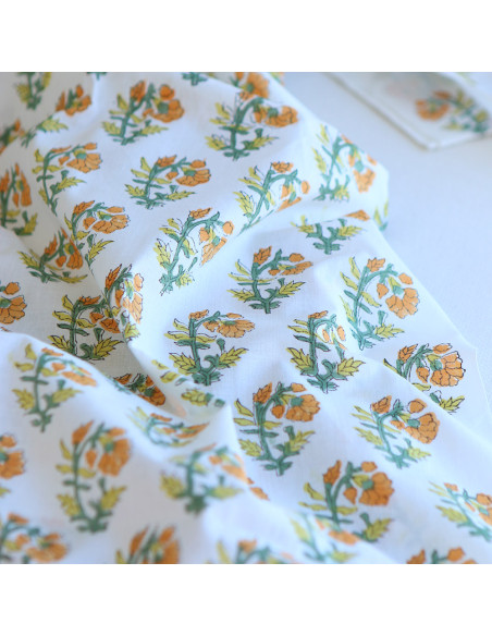 Chanda B - Tissu indien coton hand block traditionnel jaune orange