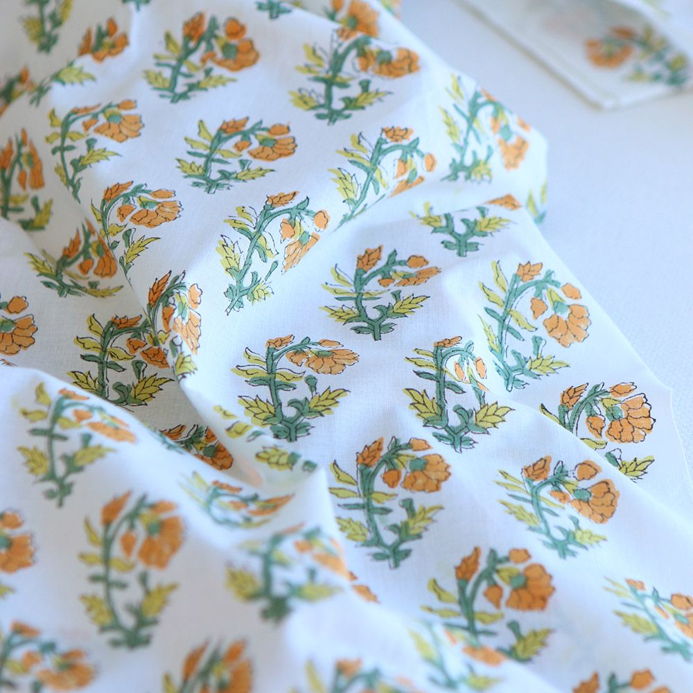 Chanda B - Tissu indien coton hand block traditionnel jaune orange