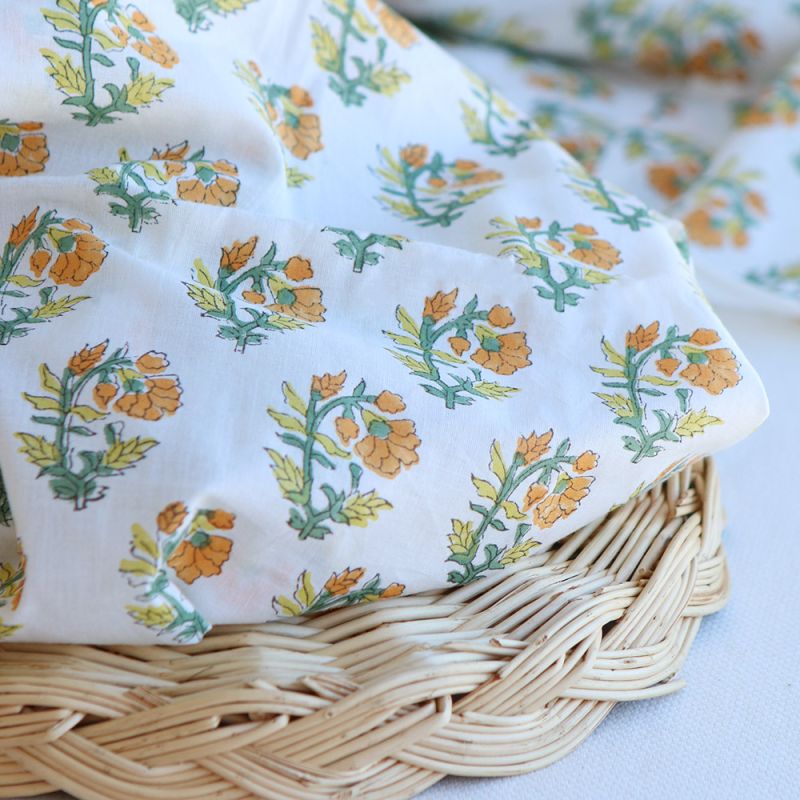 Chanda B - Tissu indien coton hand block traditionnel jaune orange