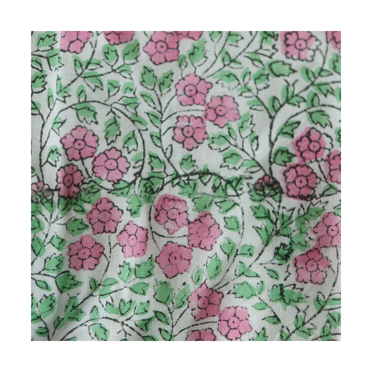 Avani B - Tissu indien coton hand block traditionnel vert et rose