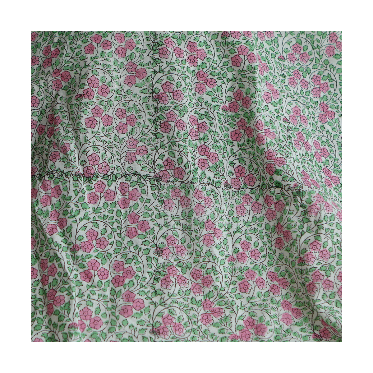 Avani B - Tissu indien coton hand block traditionnel vert et rose