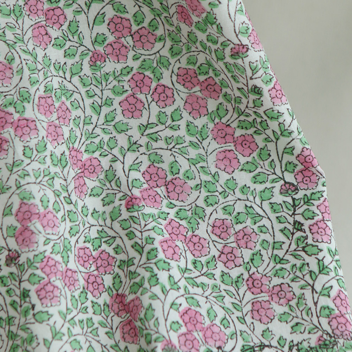 Avani B - Tissu indien coton hand block traditionnel vert et rose