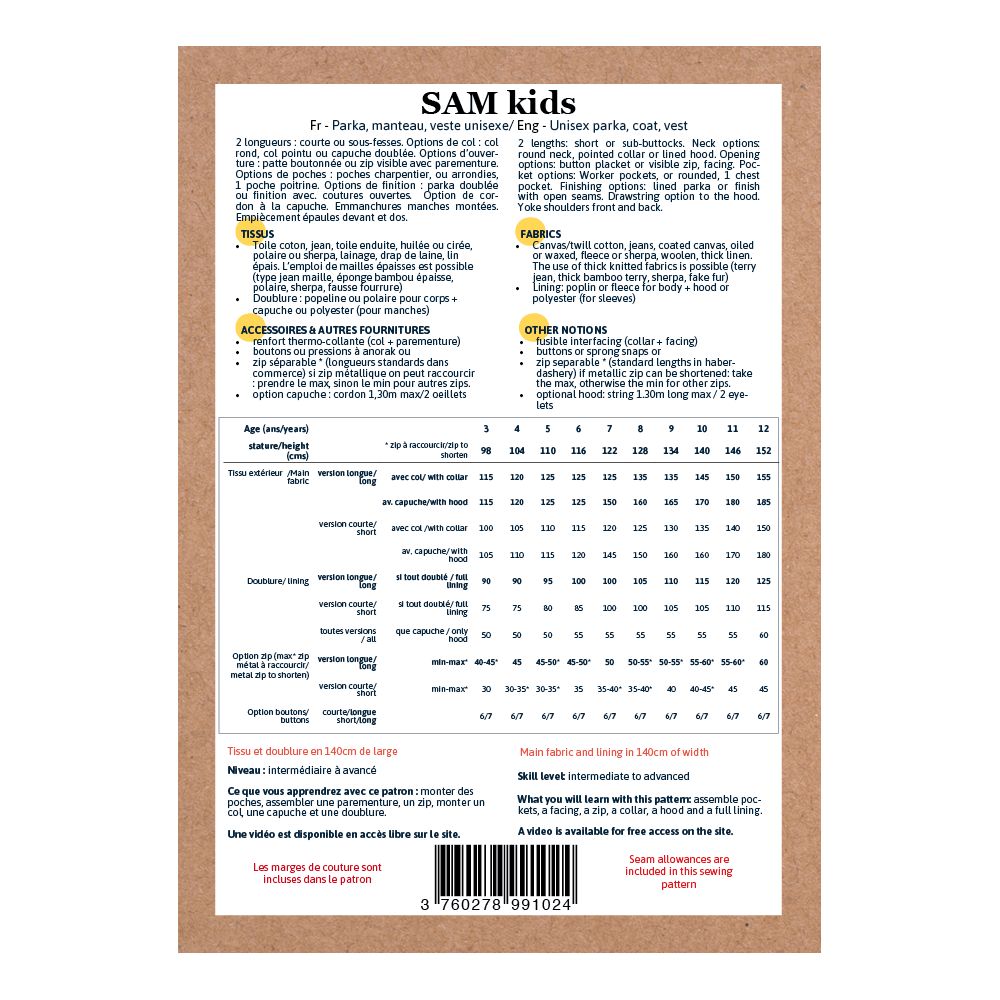 SAM Kids - Pochette patron Ikatee 3A au 12A