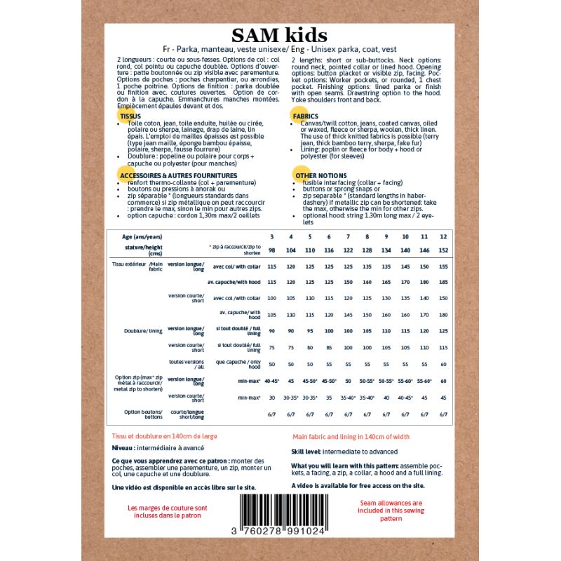 SAM Kids - Pochette patron Ikatee 3A au 12A
