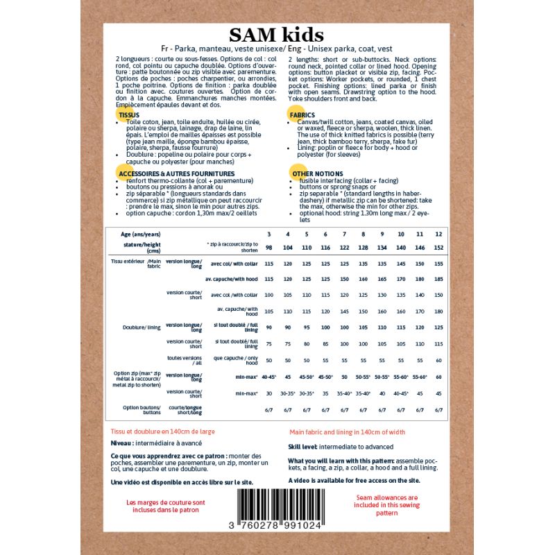 SAM Kids - Pochette patron Ikatee 3A au 12A