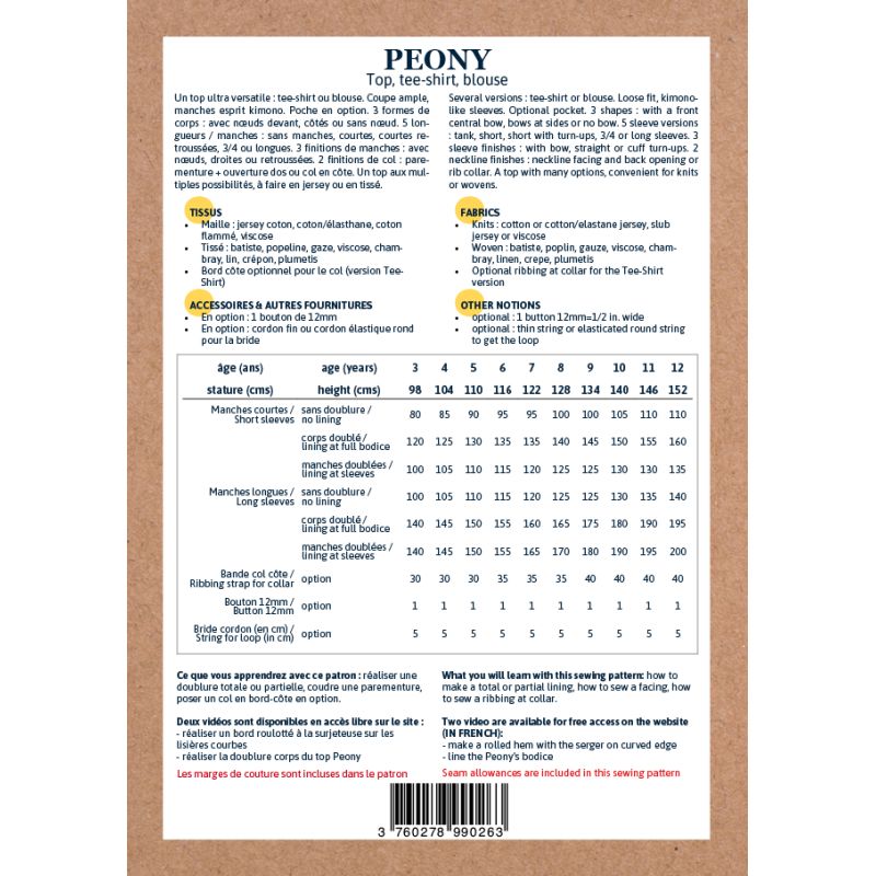 Peony Kids - Pochette patron Ikatee 3A au 12A