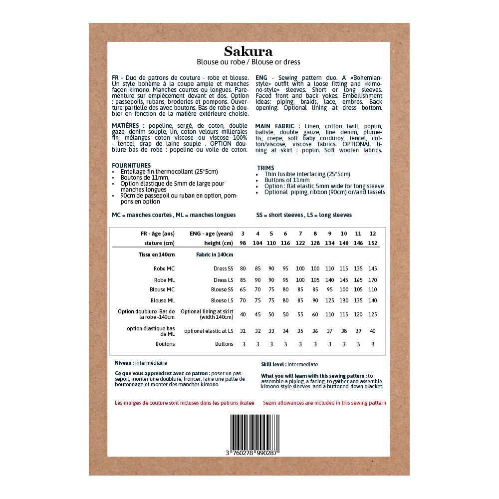 Sakura Kids - Pochette patron Ikatee 3A au 12A