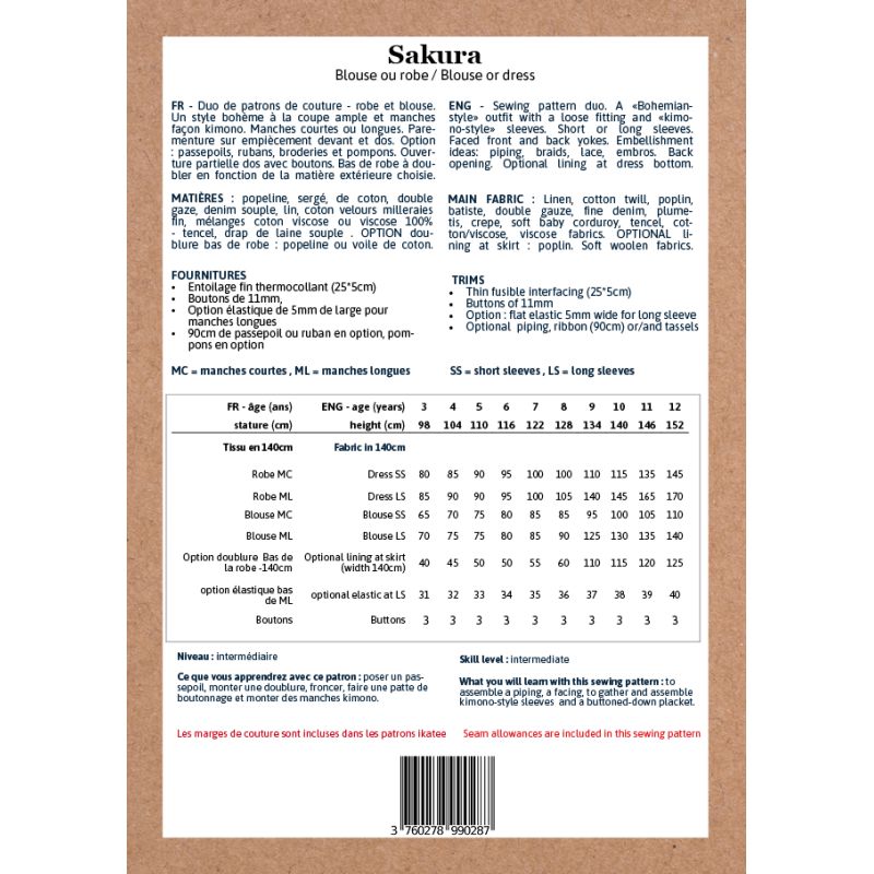 Sakura Kids - Pochette patron Ikatee 3A au 12A