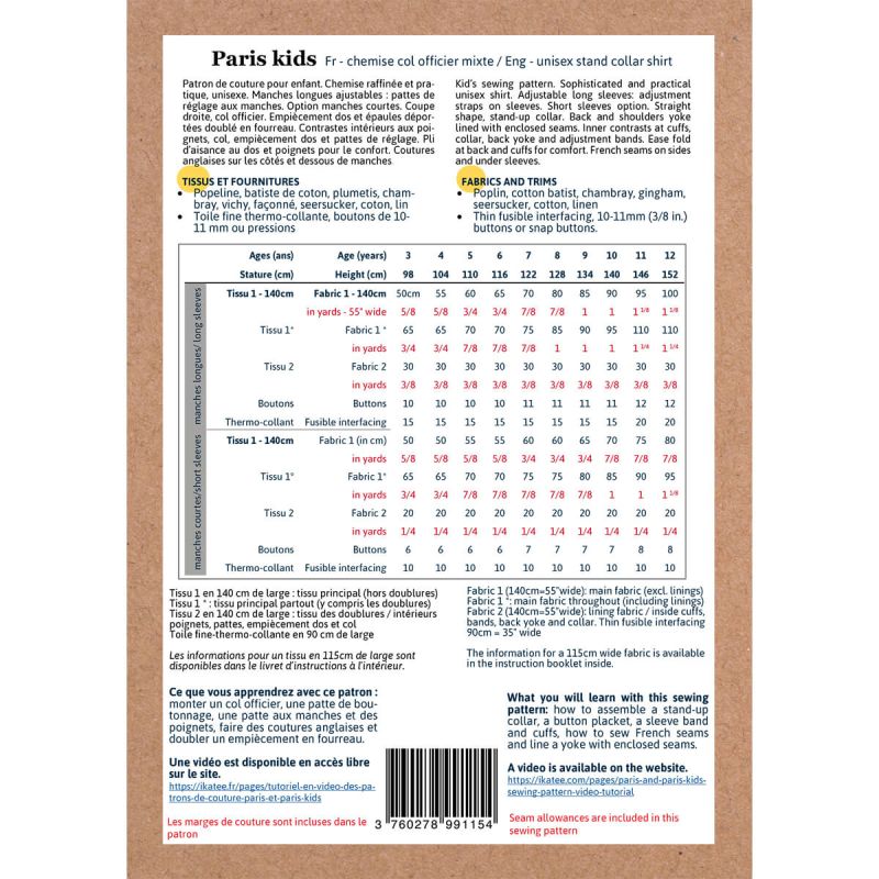 Paris Kids - Pochette patron Ikatee 3A au 12A