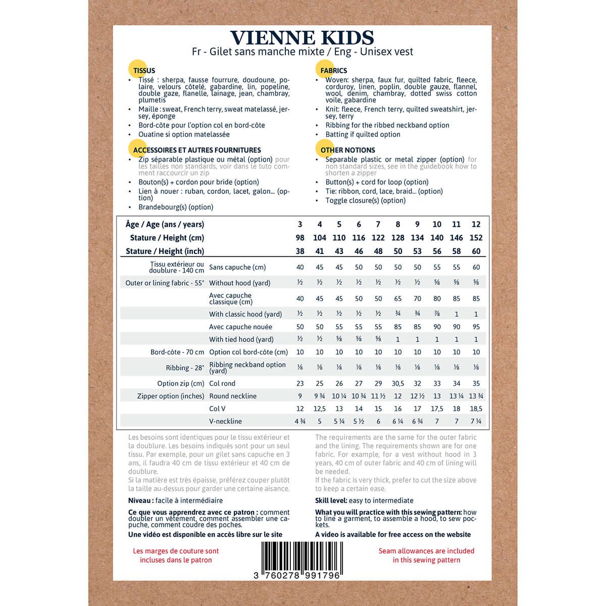 Vienne Kids - Pochette patron Ikatee 3A au 12A Vienne Kids - Pochette patron Ikatee 3A au 12A
