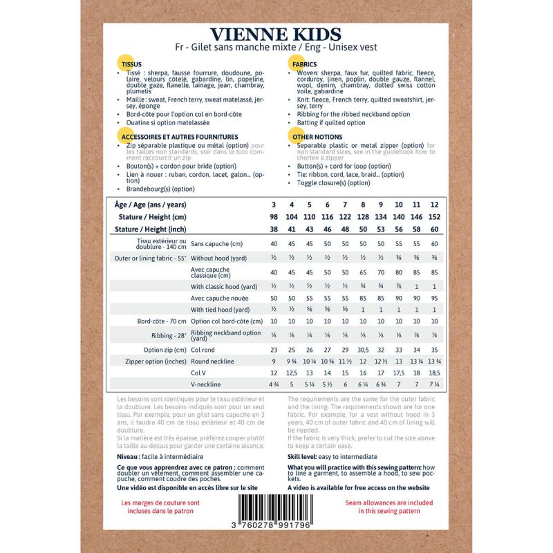 Vienne Kids - Pochette patron Ikatee 3A au 12A Vienne Kids - Pochette patron Ikatee 3A au 12A