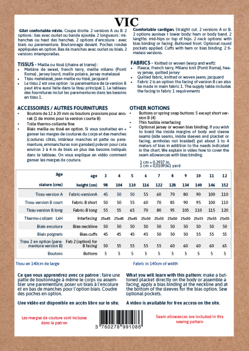 VIC Kids - Pochette patron Ikatee 3A au 12A