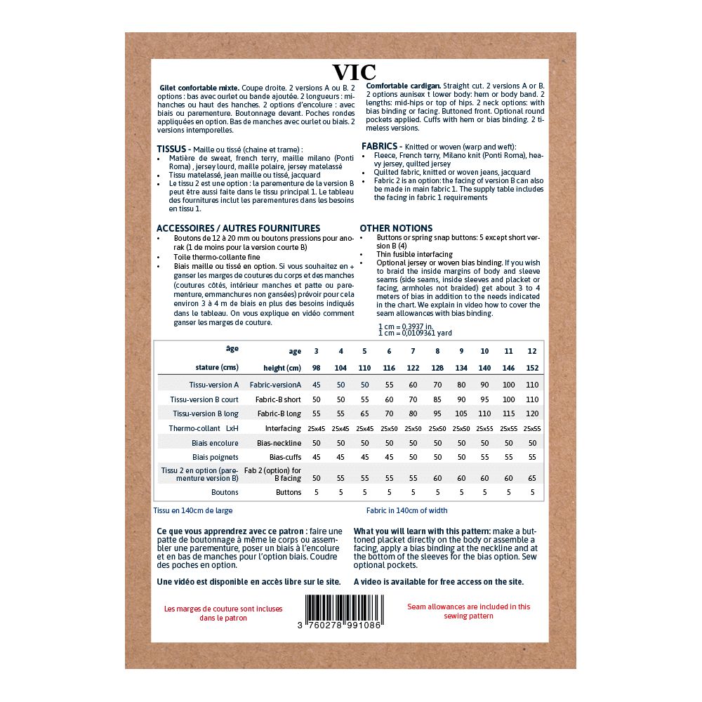 VIC Kids - Pochette patron Ikatee 3A au 12A