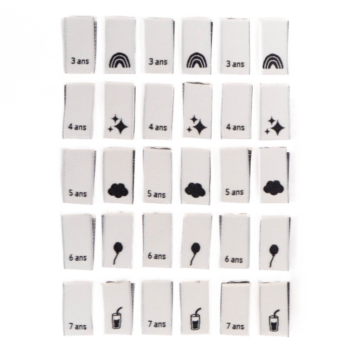 Lot 15 étiquettes tissées ©ikatee Tailles 3A au 7A