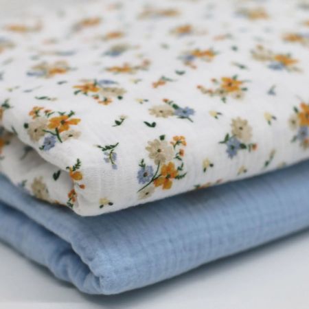 Double gaze de coton imprimés fleuri bleu et orange Double gaze de coton imprimés fleuri bleu et orange