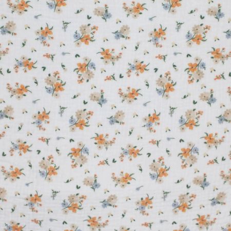 Double gaze de coton imprimés fleuri bleu et orange Double gaze de coton imprimés fleuri bleu et orange