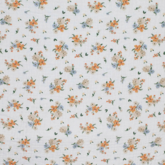 Double gaze de coton imprimés fleuri bleu et orange