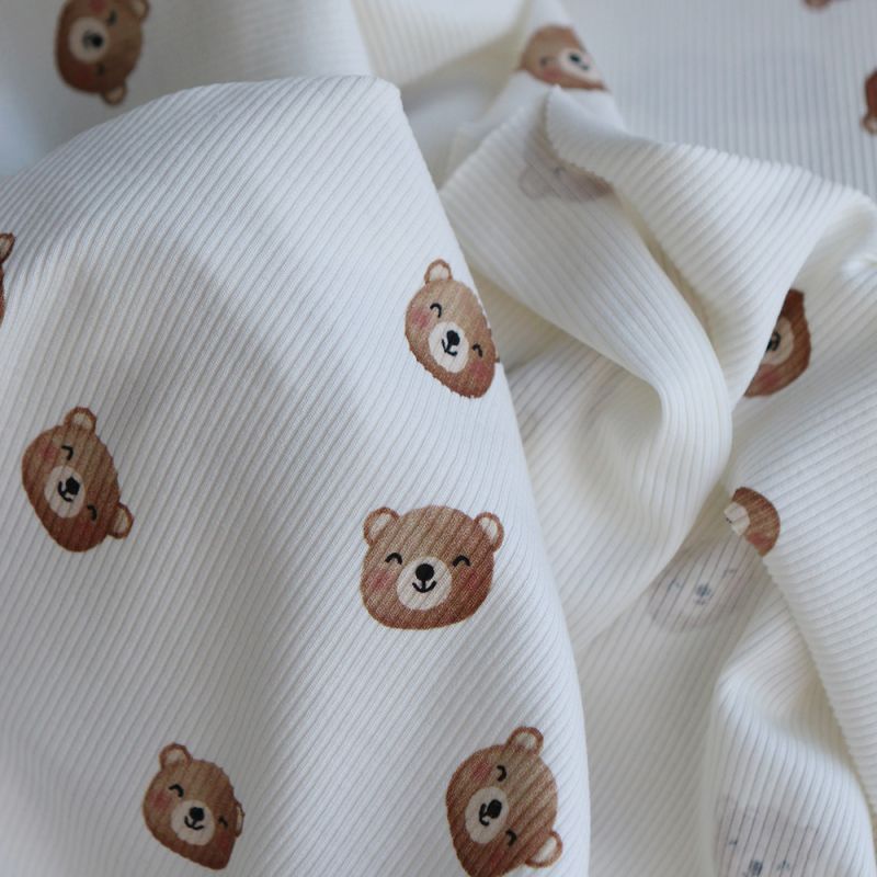 Jersey coton côtes fines à motifs oursons