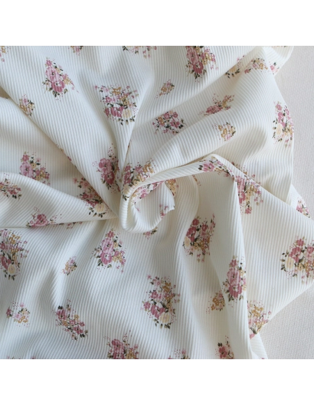 Jersey coton côtes fines à motif fleuri rose